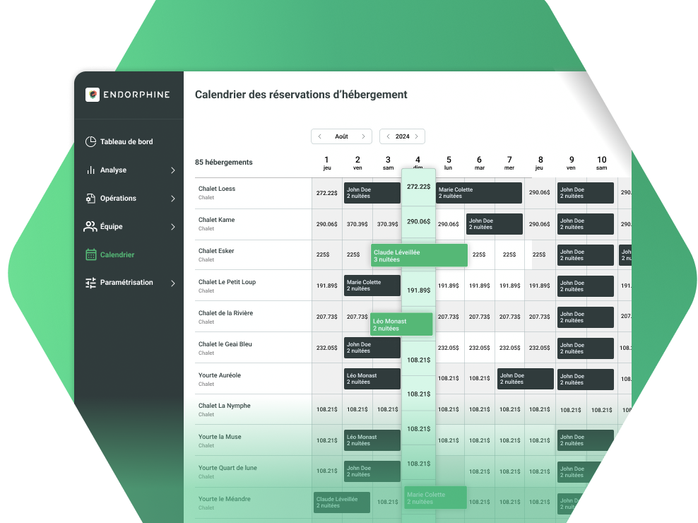 Calendrier des réservations d'hébergement